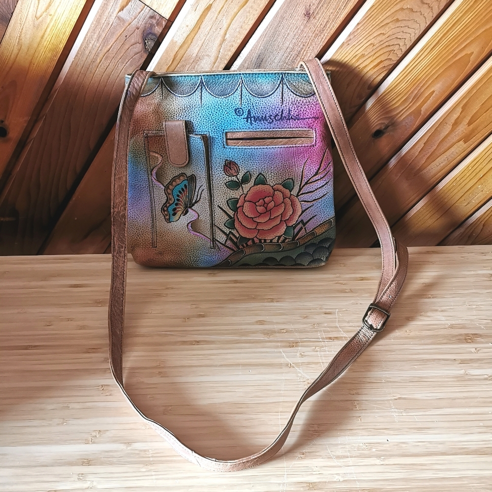 Anuschka “Butterflies & Roses” Hand-Painted Leather Crossbody Bag - Picture 3 of 8